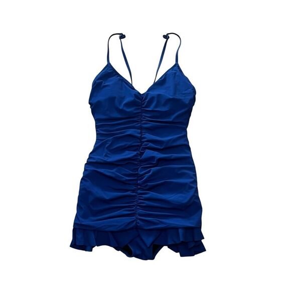 Profile by Gottex blue ruched ruffle hem tummy control flattering 10 swimsuit - Picture 2 of 6